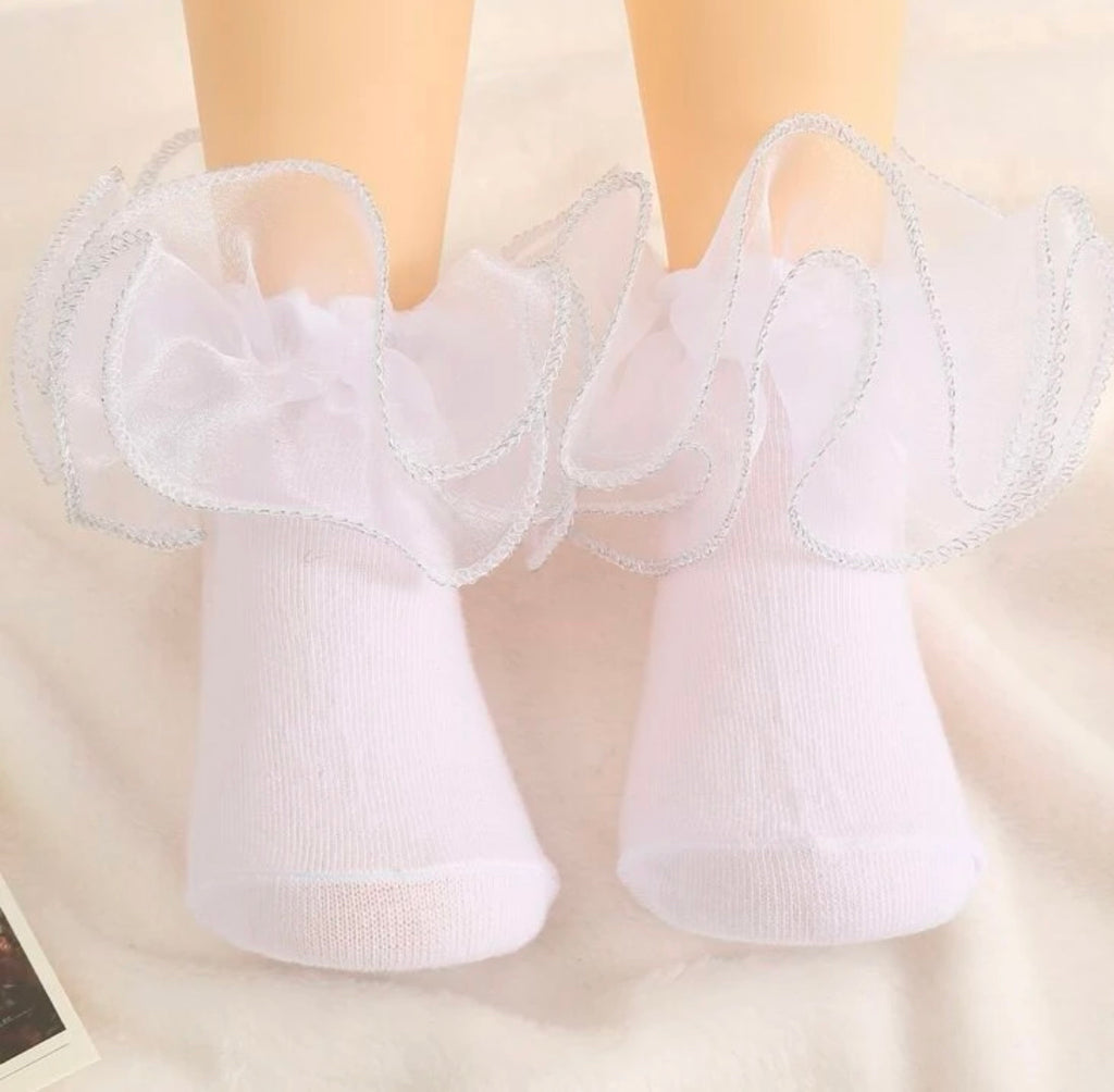 Ruffle Socks White w/ silver trim