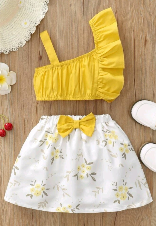 Toddler Girls Ruffle Trim Top & Floral Print Bow Skirt
