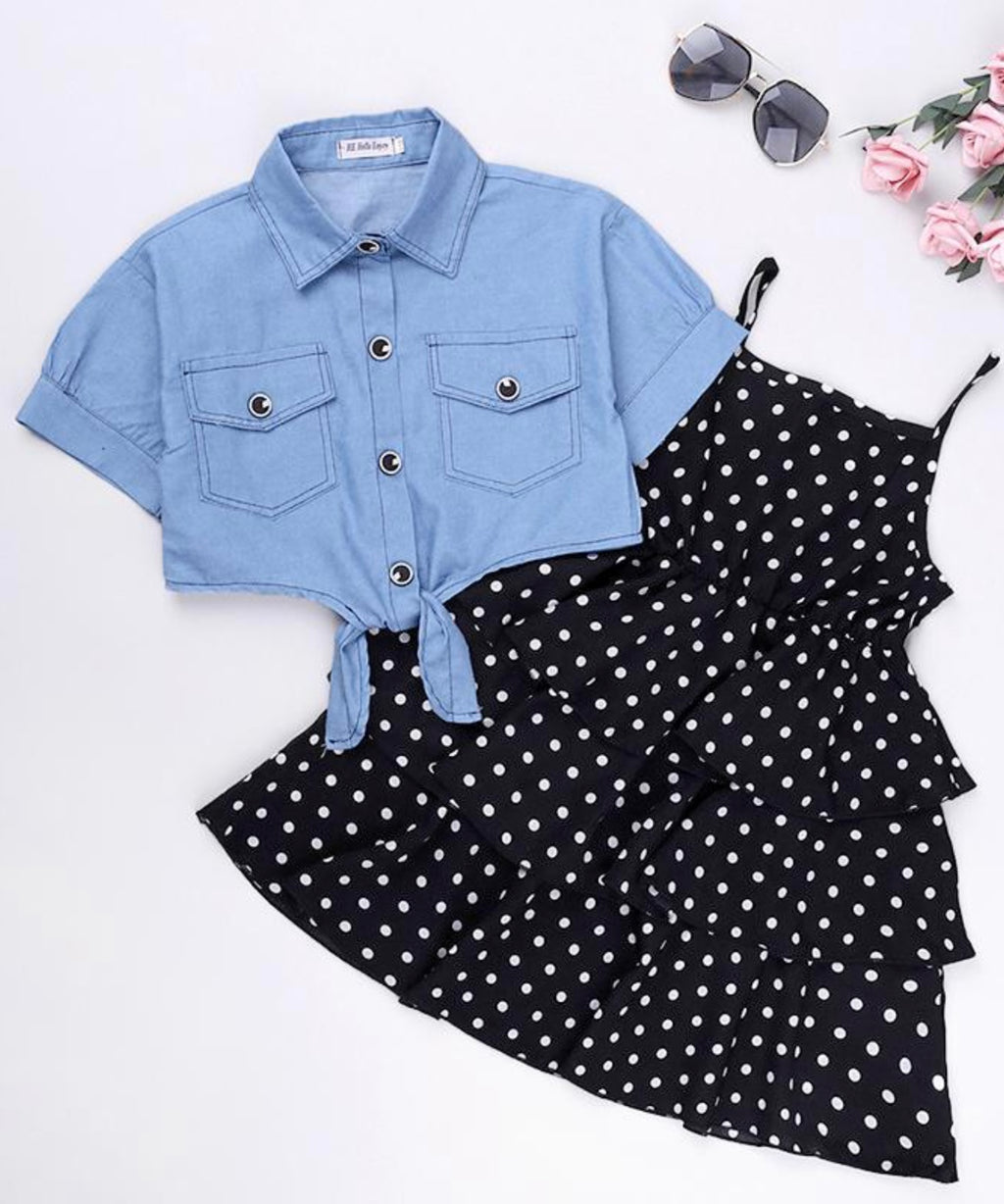 2pc Denim Top & Polka Dot Dress