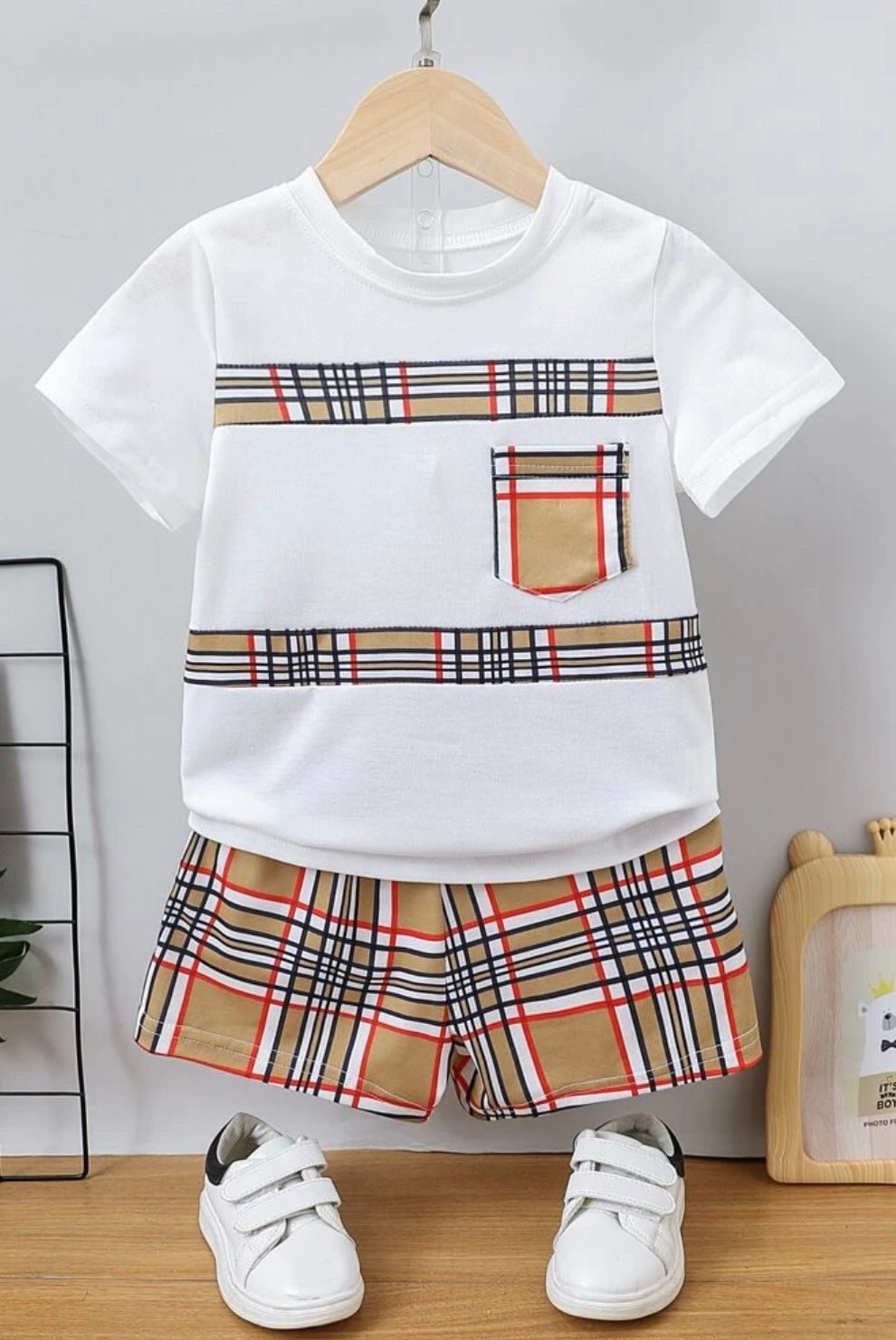 Toddler Boys Plaid Panel Pocket Patched Tee & Shorts