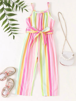 Toddler Girls Striped Print Belt Cami Jumpsuit