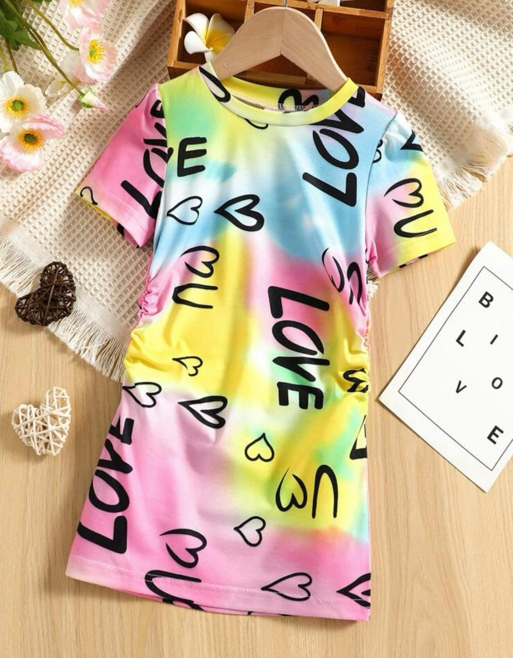 Toddler Girls Tie Dye & Letter Graphic Ruched Side Tee Dress